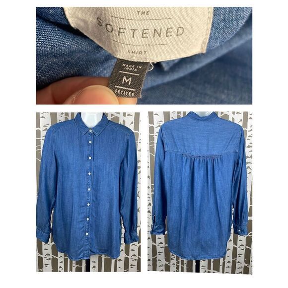 LOFT The Softened Blue Linen Blend Chambray Button Down Shirt sz M Petite - Picture 1 of 11
